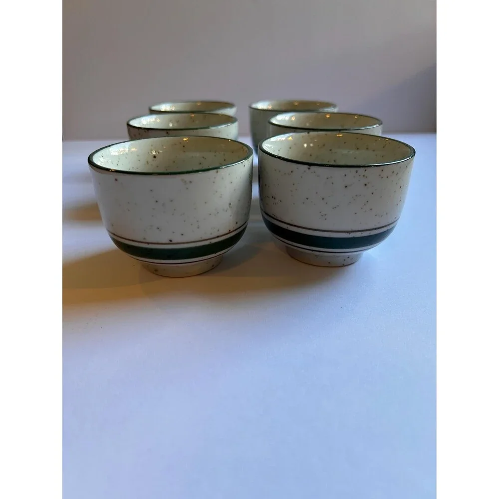 Vintage Stoneware Teapot & 6 Cups, Speckled Ceramic Tea Set, Green Stripe